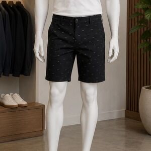 Reset Mens Chino Shorts Black Embroidered Fish Bone Pattern 38
